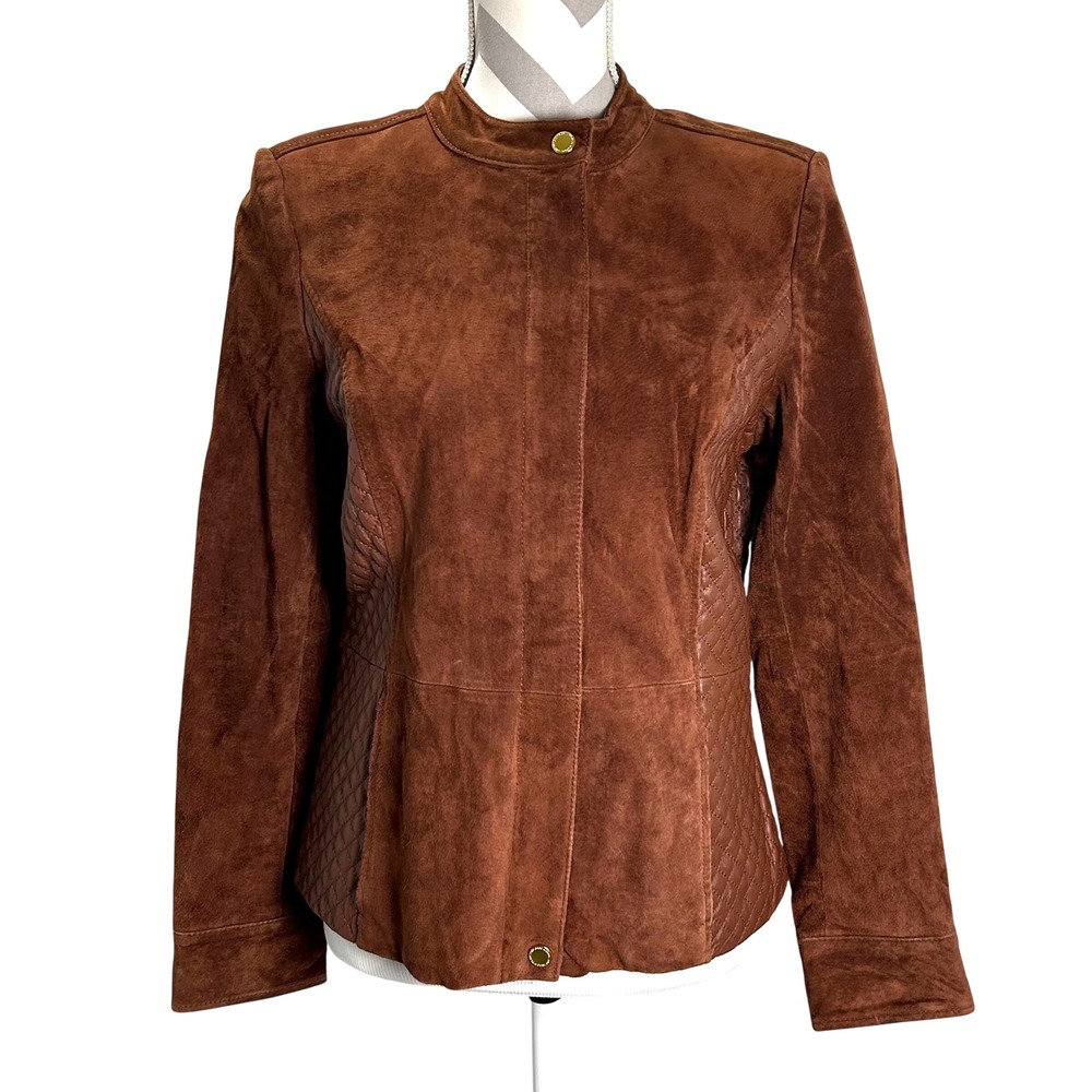 Isaac Mizrahi‎ Live Brown Suede Quilted Leather Trim Moto Jacket Womens Size 6